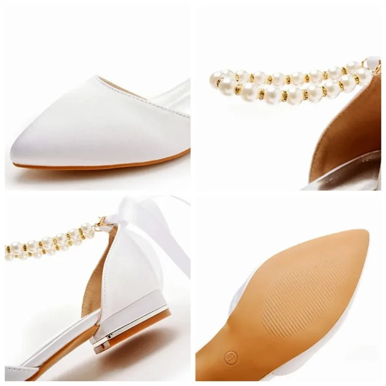 Wedding Shoes Bride Flat Heel Pointed Hollow Sandals Women White Satin Beaded Bride's Wedding Dress Shoes Sandalias De Mujer