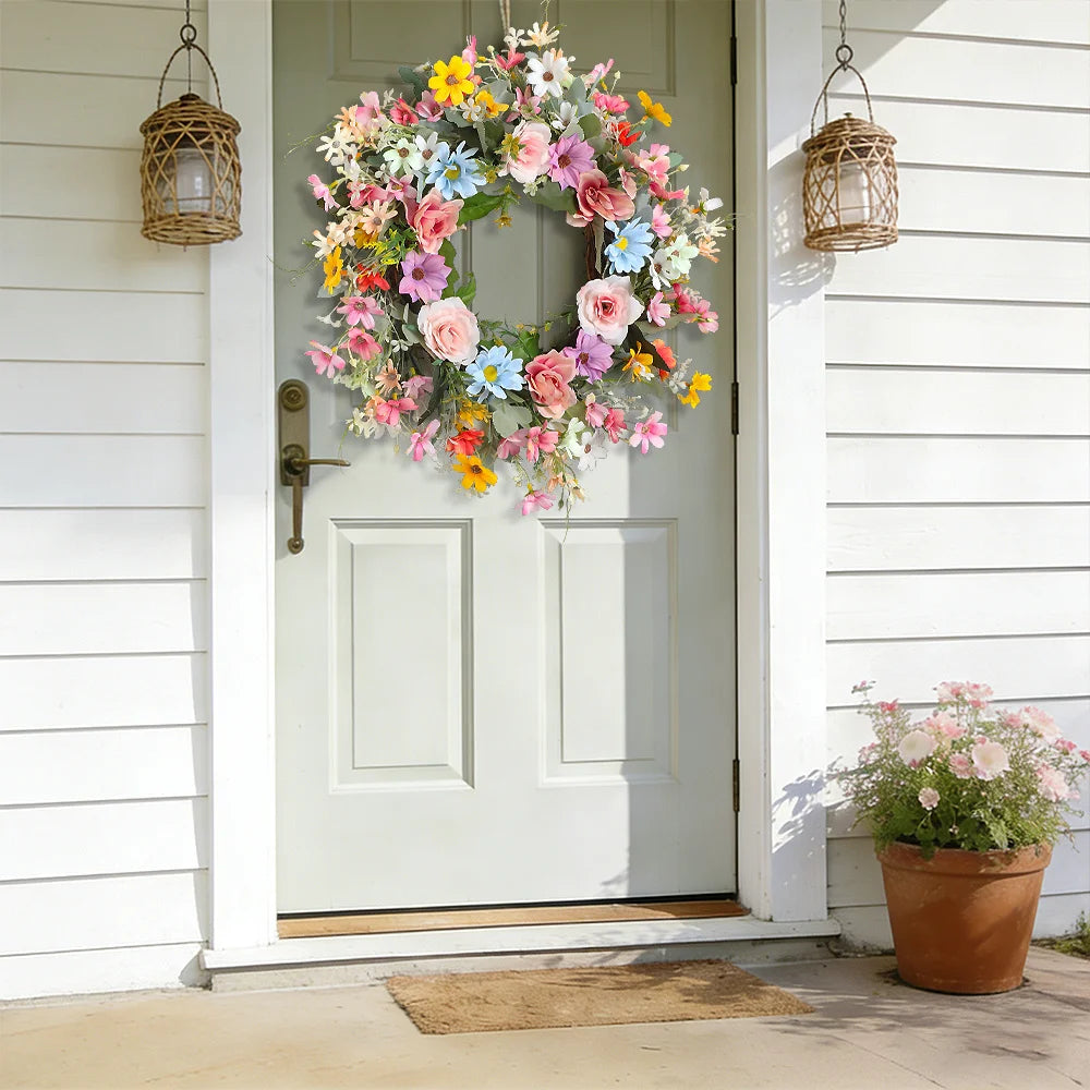 Artificial Daisy Flower Wreath for Spring,Valentine Easter Door Wall Decor, Wedding Party Garland Indoor Outdoor Home Decoration