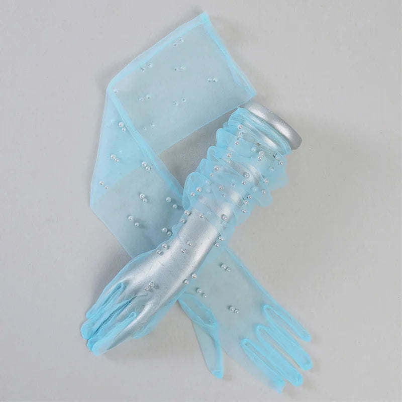 55 cm Transparent Wedding Gloves Pearls Long Elbow Mittens Mesh Arm Covers Women Party Bridal Dress Accessories Photo Props