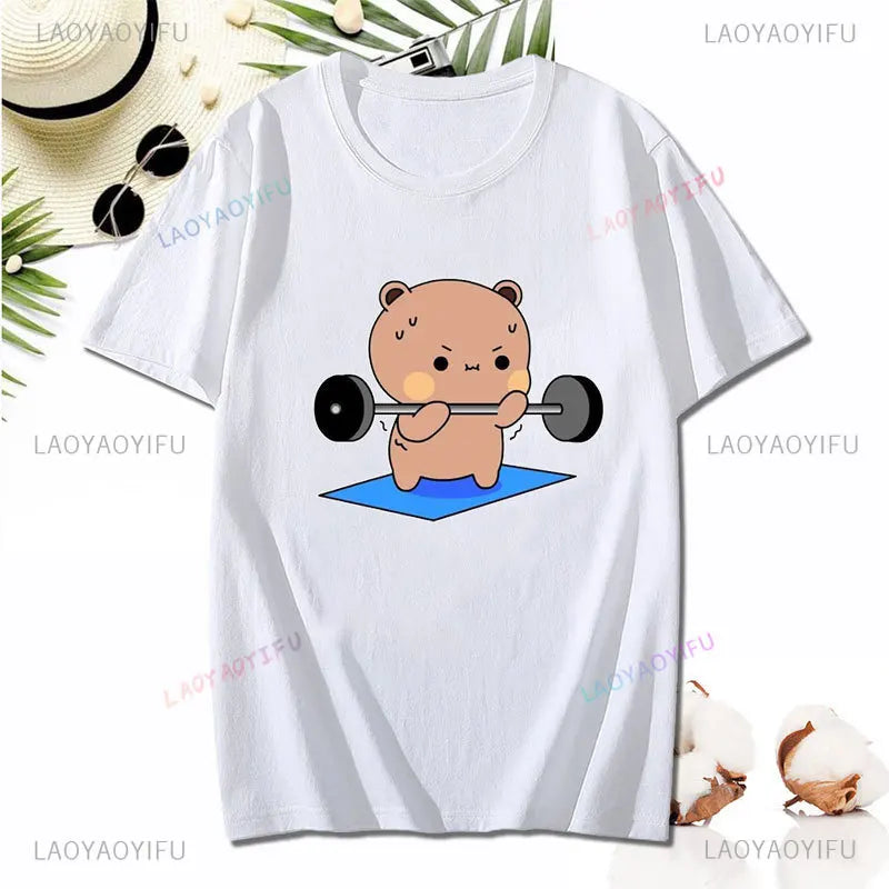 Cute Weight Lifting Fitness Graphic T-shirt Dudu and Bubu Do Yoga Printing Tees Humor Style Lovers' Clothes Valentine's Day Gift