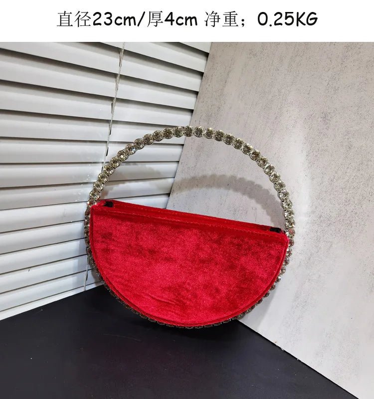 Lady Blue/Pink Diamond Circular Evening Bag Women Fushia Round Handle Rhinestone Dinner Clutch Purse Ladies Half Moon Handbags