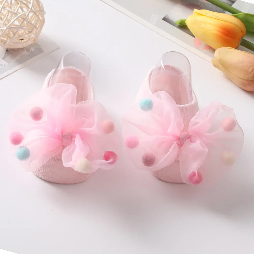 Baby Girl Home Short Socks Lace Bow Infant Anti Slip Trampoline Socks Newborn Princess Ankle Socks Children Floor Shoes
