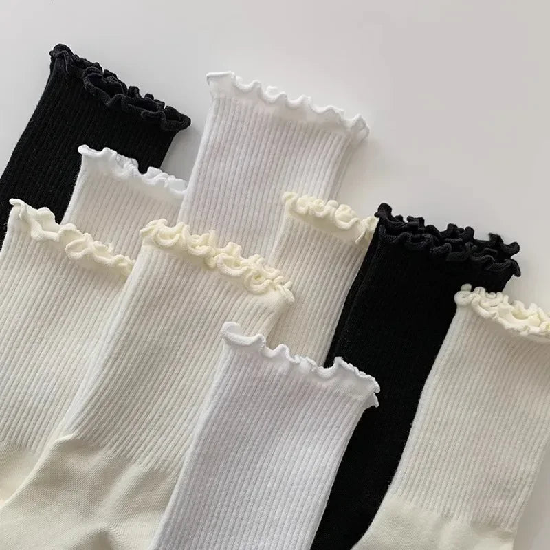 Fashion New Ruffle Socks for Women Mid Crew Middles Tube Ankle High Breathable Cotton Socks Black White Beige Female Cute Sock