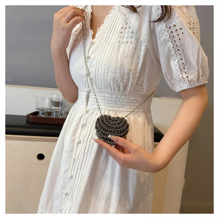 Luxury Mini Diamond Inlay Heart Shape Crystal Clutch Purse Stones Evening Wedding Party Shoulder Bag Handle Rhinestone Handbags