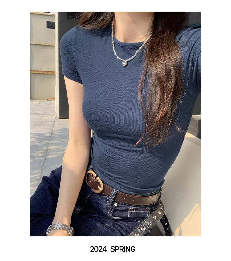 Women's Basic Solid Crop Top Short Sleeve Crewneck Skinny T-shirt Summer Casual Y2K Vintage Harajuku Streetwear