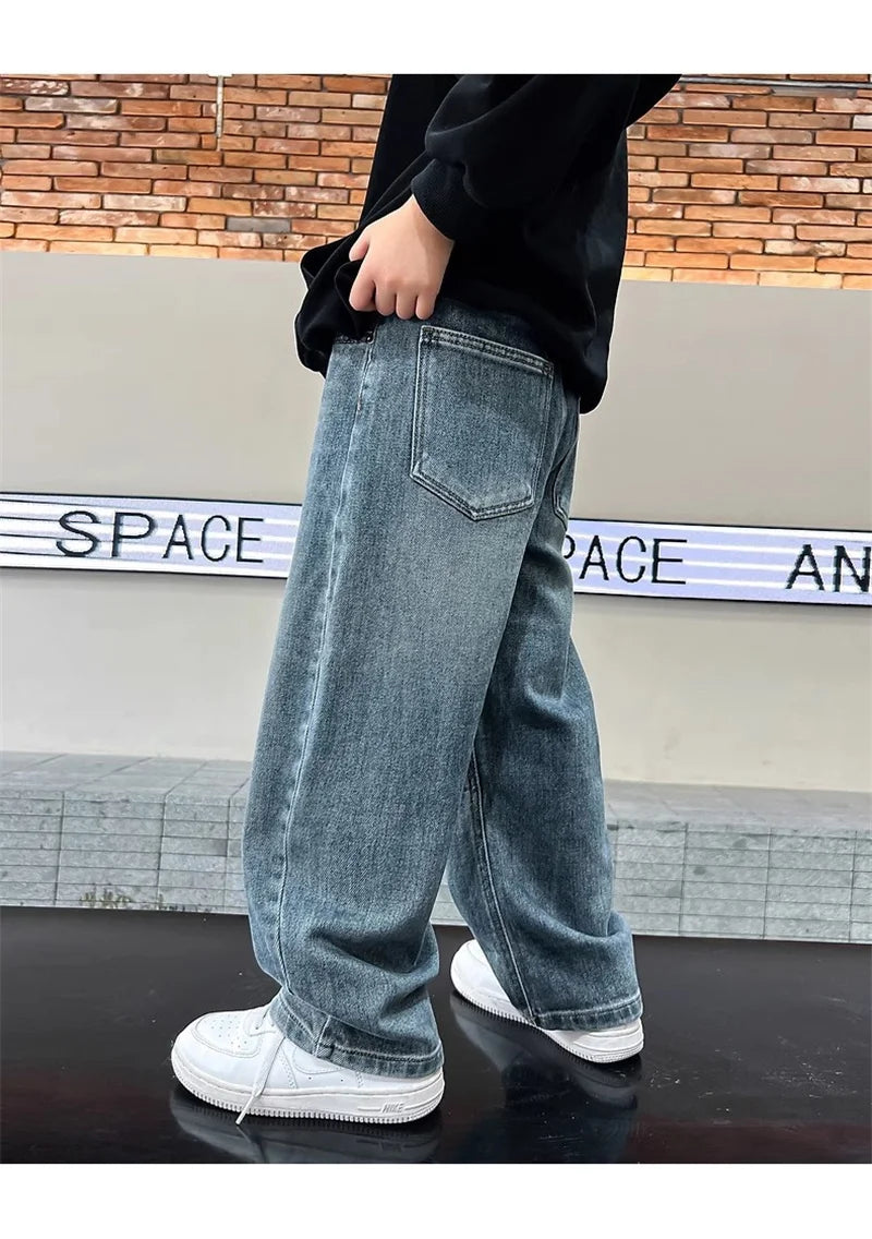 Boys Jeans Pants Spring Kids Wide Leg Straight Trousers Autumn Loose-Fit Casual Trousers Children's Trendy Sweatpants Pant 5-14Y