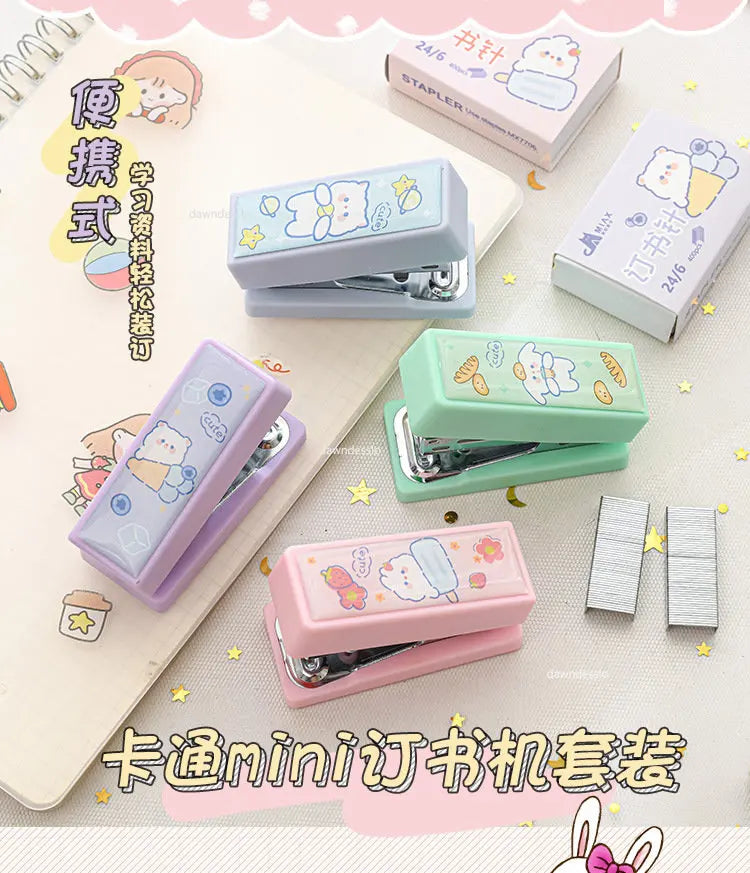 Mini Stapler Set with Staples Cute Rabbit Bear Paper Binder Stationery Office Binding Tools School Supplies