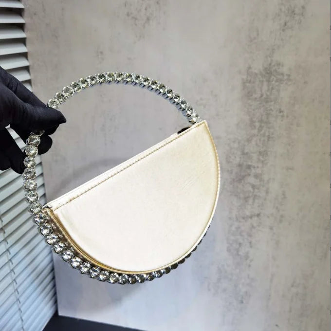Lady Blue/Pink Diamond Circular Evening Bag Women Fushia Round Handle Rhinestone Dinner Clutch Purse Ladies Half Moon Handbags