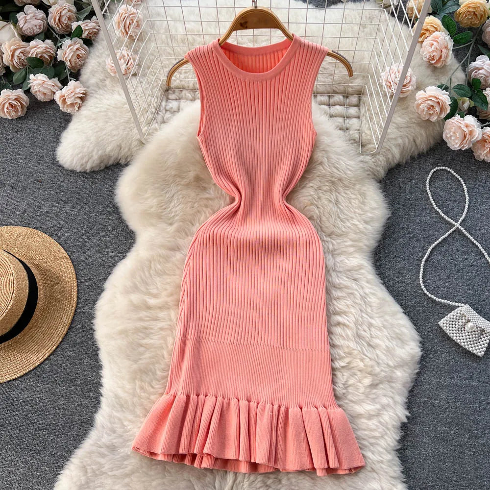 2025 Early Autumn Sexy Package Hips Ruffles Mini Dress Summer Fashion Y2K Knitted Bodycon Ladies Dress Korean Party Vestidos