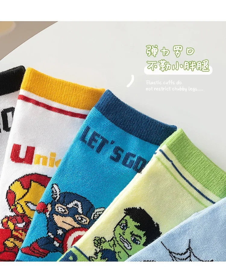 5 Pairs Spiderman Cotton Children's Socks iron Man Hulk Thor Anime kids Boys Short Socks Cartoon Baby Spring Summer Short Socks