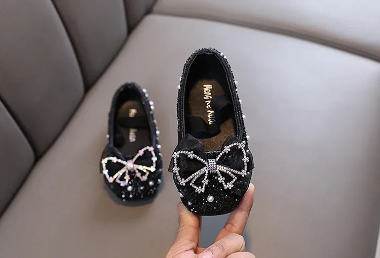 Girls Princess Shoes Glitter Luxury Party Shallow Children Ballet Flats 21-36 Elastic Band Fashion Lace Bowknot Kids Dance Shoes
