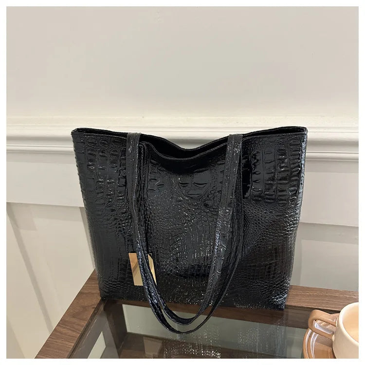 Fashion Casual Women Shoulder Bags Silver Gold Black Crocodile Handbag PU Leather Female Big Tote Bag Ladies Shopping Bag