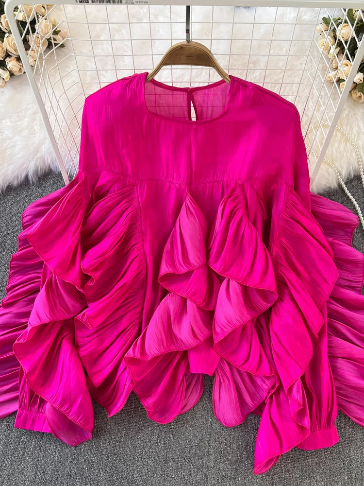Women Spring Autumn Blouse New European American Vintage Round Neck Ruffle Loose Long Sleeved Foreign Style Irregular Top D2338