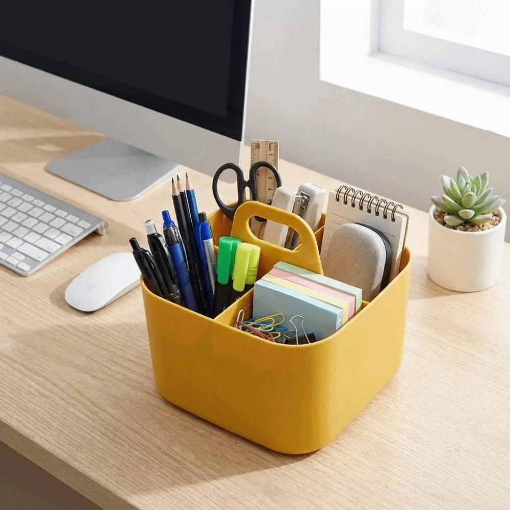 Plastic Cosmetic Organiser Multi-compartment with Handle Split Pen Organiser Divider Sorting Desk Storage Basket Office