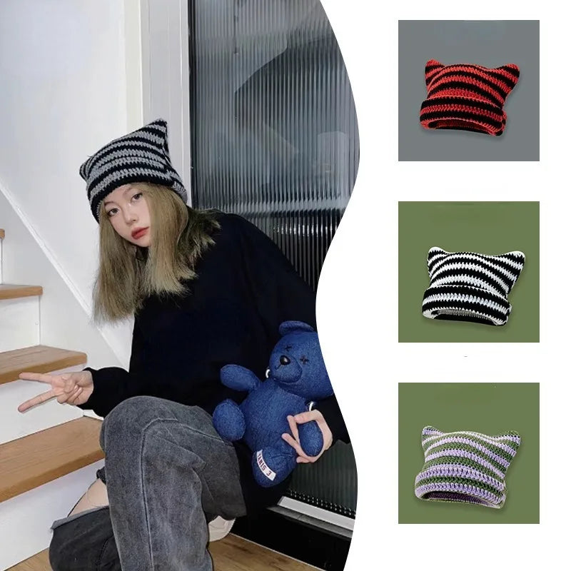 New Japanese Streetwear Harajuku Beanie Little Devil Striped Knitted Hat Women Girls Autumn Winter Cute Cat Ears Cap