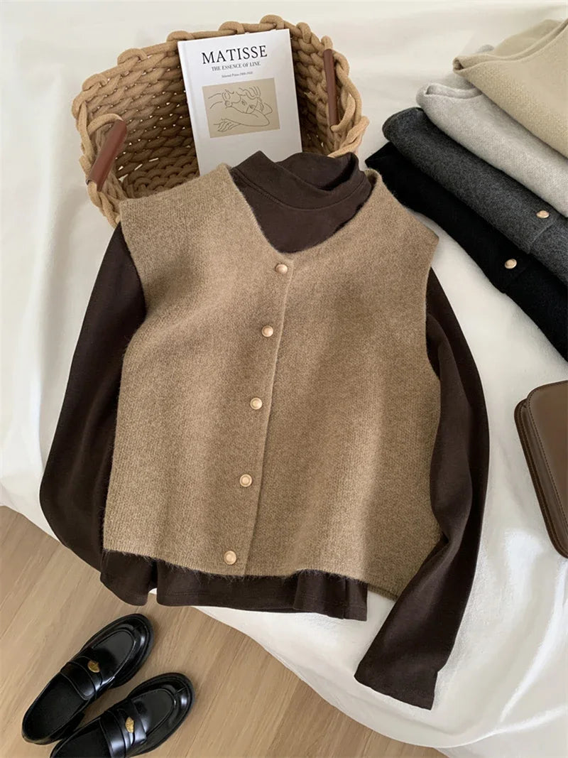 Women Sweater Vest Gold Button Up Waistcoat Soft Knitted Sleeveless Cardigan Jacket Top Fall Winter Korean Ladies Chic Outfit