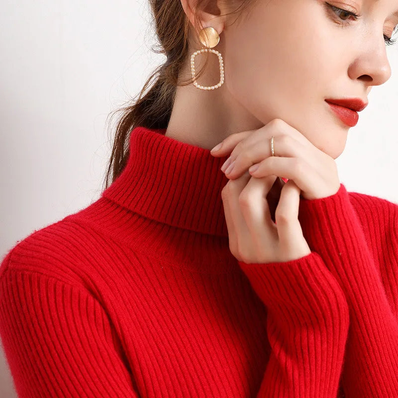 Autumn and winter new Korean slim fit women's pullover sweater knitted sweater pull up women's high neck sweater women