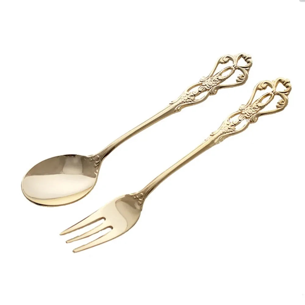 1 Pair Vintage Gold Spoon Fork Cutlery Set Stainless Steel Luxury Dessert Spoon Outdoor Tableware Camping Cooking Supplies