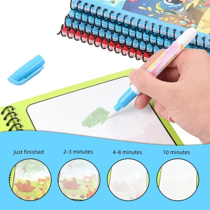 1pc Reusable Kids Magic Water Drawing Books with Pen Repeated Coloring Book Magic Water Drawing Book Sensory Early Education Toy
