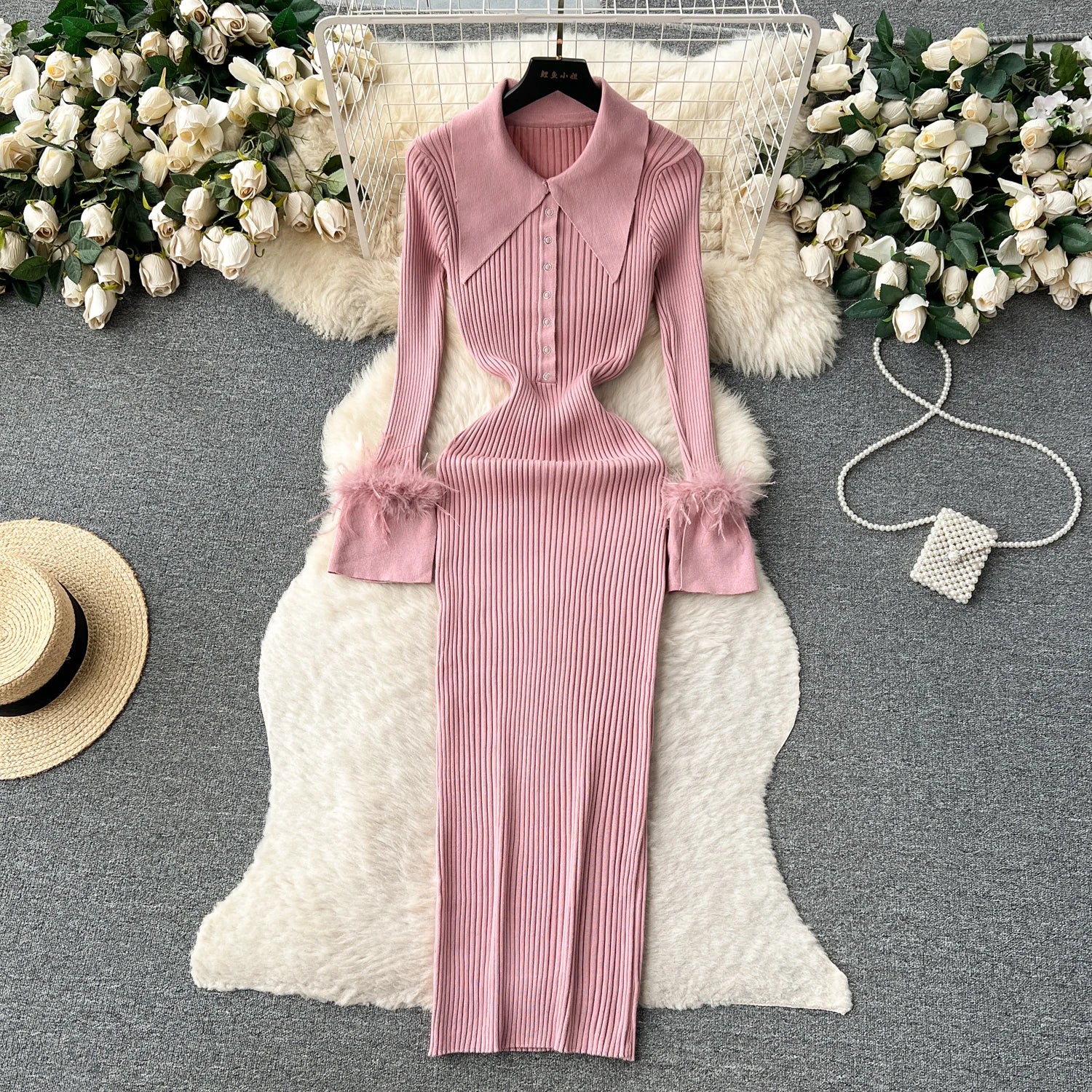YuooMuoo Women Dress 2025 Autumn Winter Elegant Fur Long Sleeve Knitted Sweater Dress Chic Lady Wrap Hips Bodycon Long Vestidos