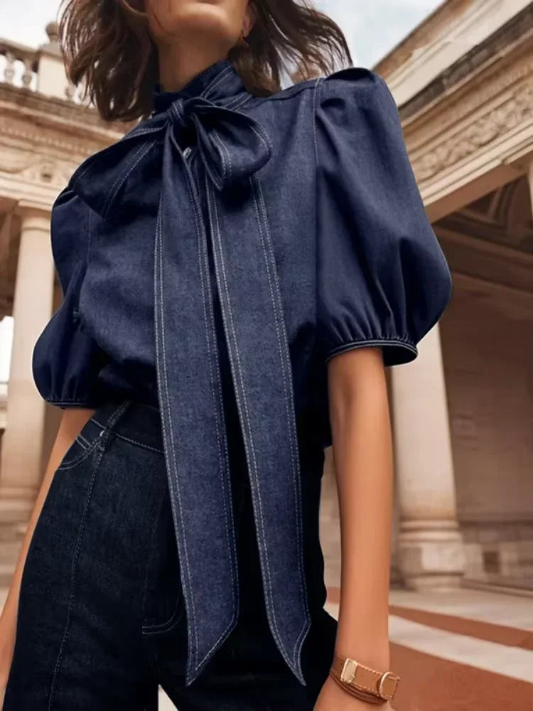 Beautyblue Elegant Women's Imitation Denim Blouse Tops Spring 2025 New Fashion Puff Sleeves Bow-Embellished Female Shirts S-3XL