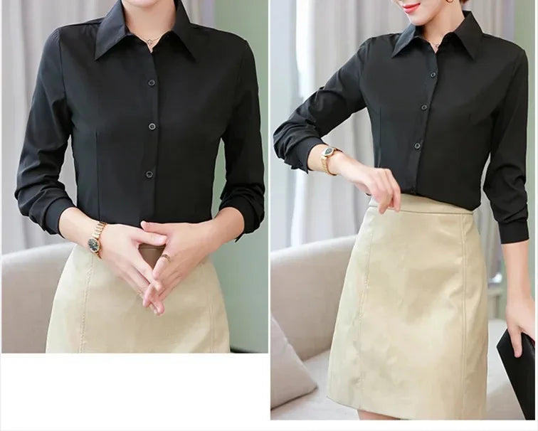 Elegant Women Shirts Woman White Shirt Long Sleeve Blouse Office Lady business Pink Shirts Button Solid Women work Blouses Tops