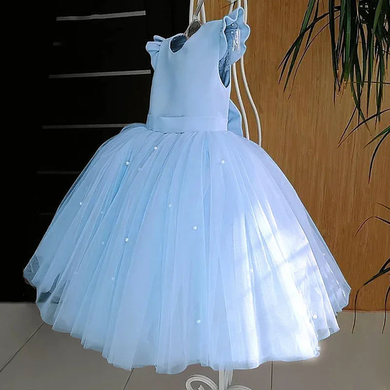 Toddler Girl Flower Birthday Tulle Dress Backless Bow Wedding Gown Kids Party Wear Princess Pink Outfit Baby Girls Bowknot Dress