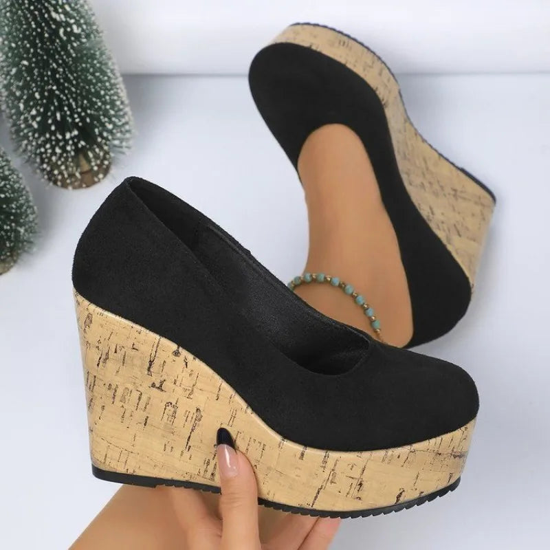 Comemore Women's Shoes Spring Roman Women's High Heels Retro Dress Pumps Women Round Toe Side Zip Super High Wedges Shoes Female