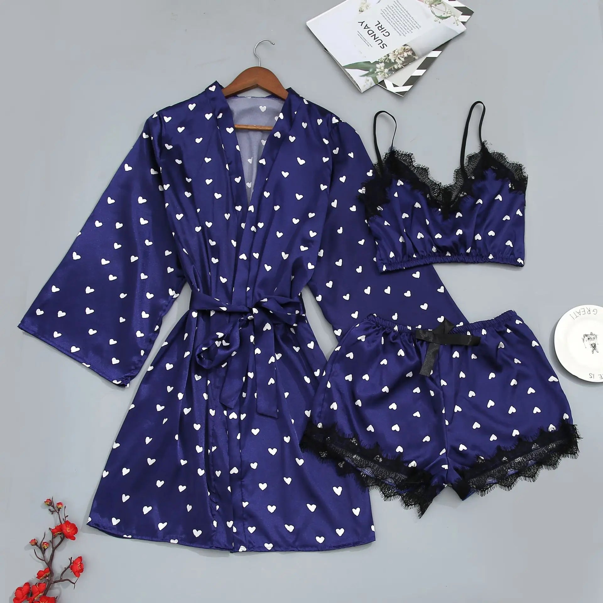 new Women's Sleep Lounge New Pajama Sets European American 4-piece set with lace satin suspender summer set for sleeping pajamas