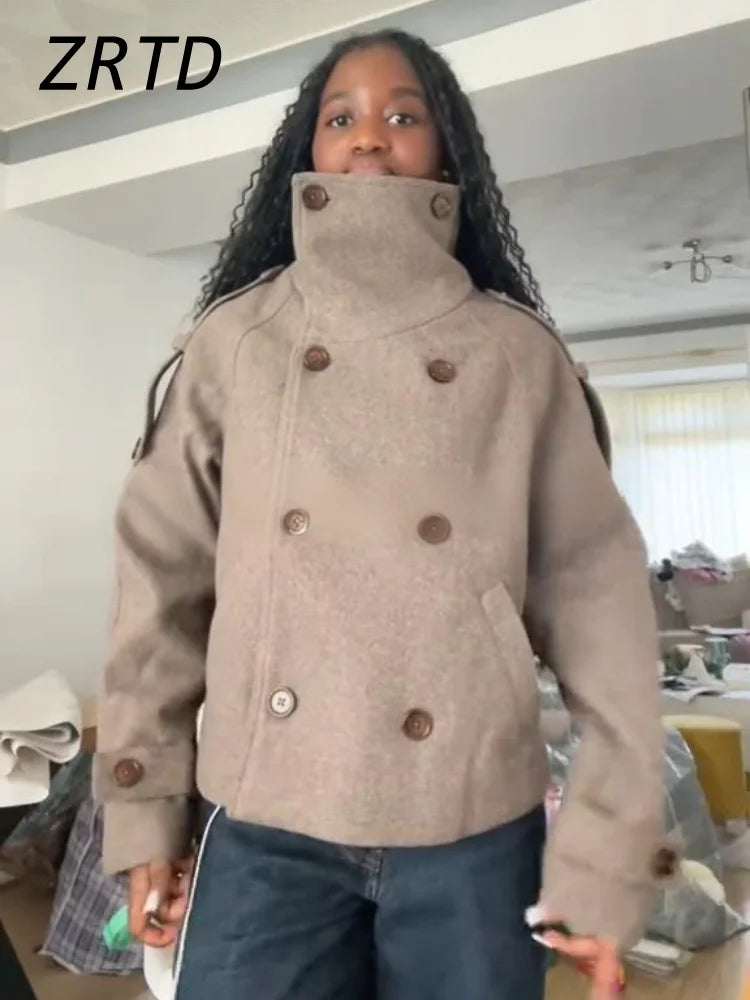 Elegant Women's Short Woolen Coats Stand Collar Double Breasted Long Sleeve Female Jacket 2025 Autumn Winter Lady Warm Outwear