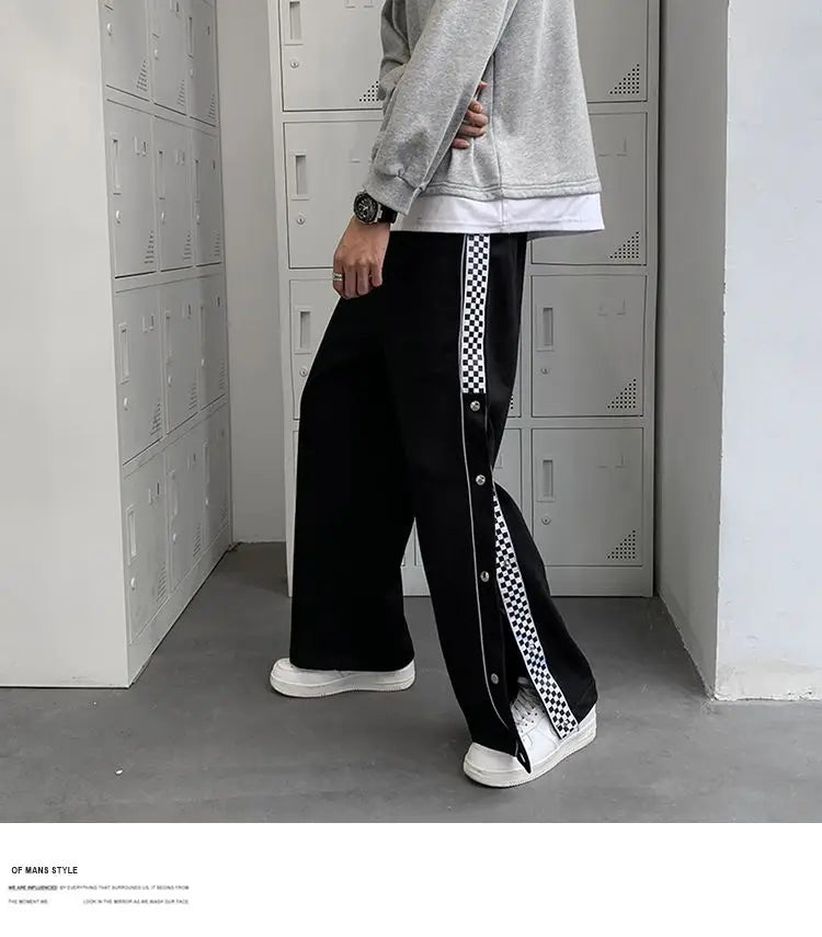 Split Reflective Stripe Casual Pants Unisex Trendy Patchwork Button Pants Spring Summer Straight Loose Sports Pants