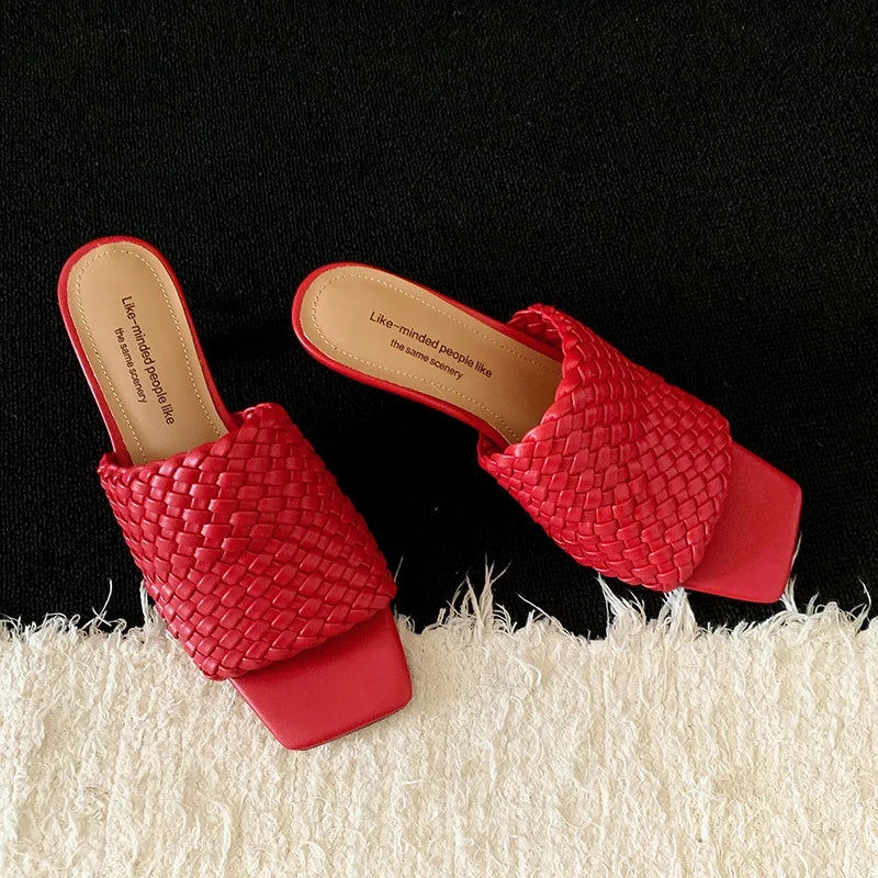Summer Sandals Women Concise Style Slippers Weave Sandals for Girls Sexy Kitten Heel Elegant Dress Party Wedding  Sandalias