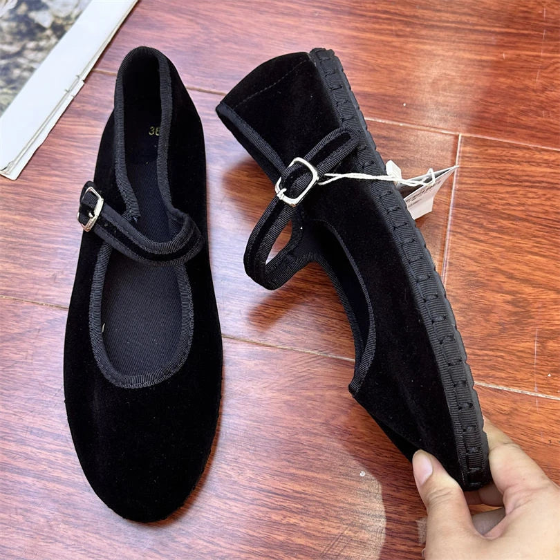 Elegant Mary Janes Flats Shoes Women Black Buckle Strap Shallow Casual Ballet Shoes Ladies Spring Autumn Canvas Loafers 2024