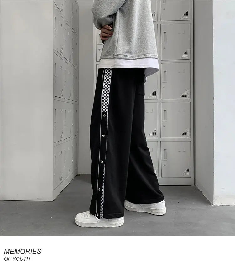 Split Reflective Stripe Casual Pants Unisex Trendy Patchwork Button Pants Spring Summer Straight Loose Sports Pants