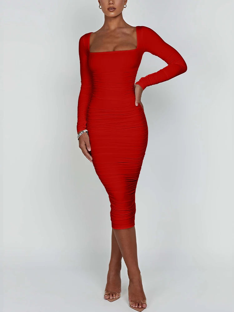 Autumn and Winter Women Sexy Bodycon Dress Square Neck Long Sleeved Ladies Evening Dresses