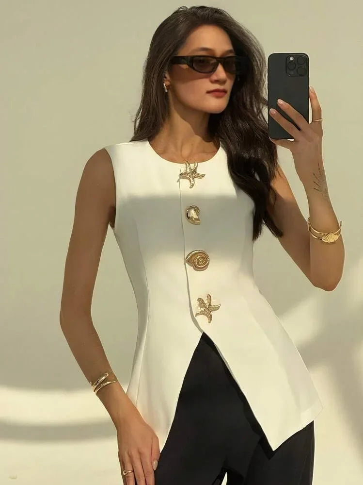 Loose Artistic Women's Vest 2025 New Style British Style V-Neck Versatile Waist-Cinching Top Polyester Fiber Outerwear