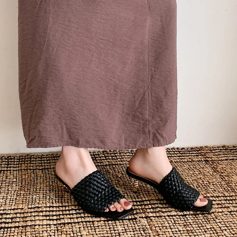 Summer Sandals Women Concise Style Slippers Weave Sandals for Girls Sexy Kitten Heel Elegant Dress Party Wedding  Sandalias
