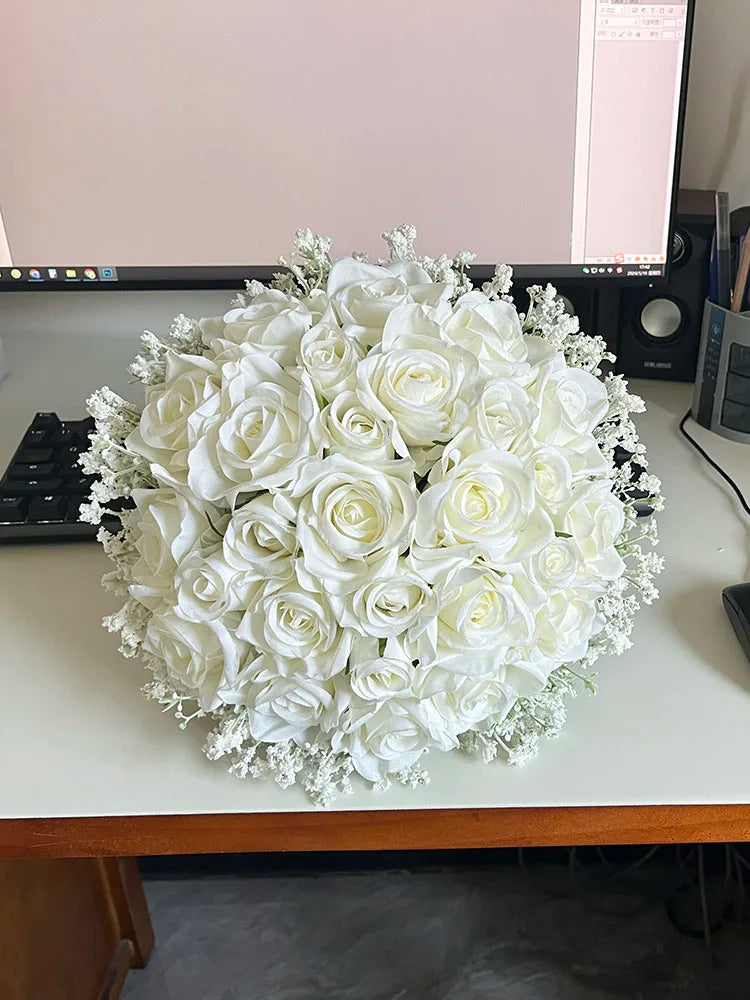 Bridal Bouquet Wedding Flowers Bridesmaids Silk Roses Fake Babys Breath Bride Wedding Accessories Table Centerpiece Decoration