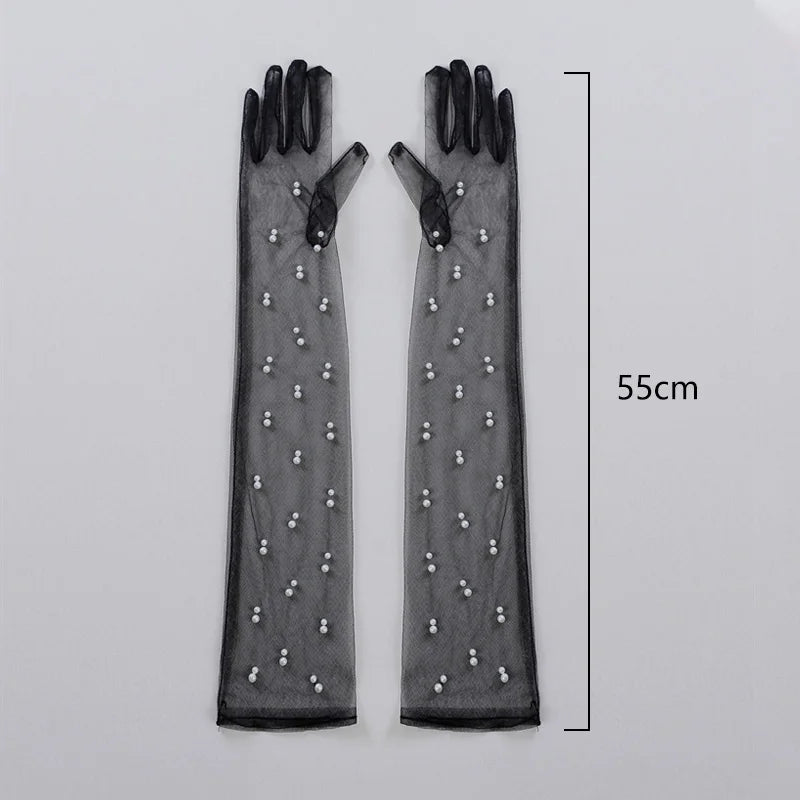 55 cm Transparent Wedding Gloves Pearls Long Elbow Mittens Mesh Arm Covers Women Party Bridal Dress Accessories Photo Props