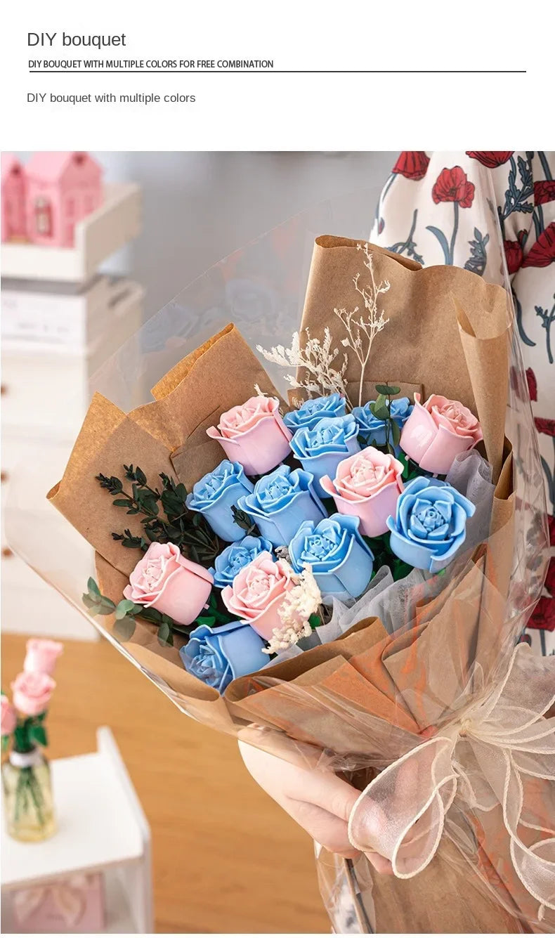 Romantic Rose Flower Bouquet Building Block Eternal Model Assembly Plastic Plant Brick Home Decor Mother's Day Birthday R Gift