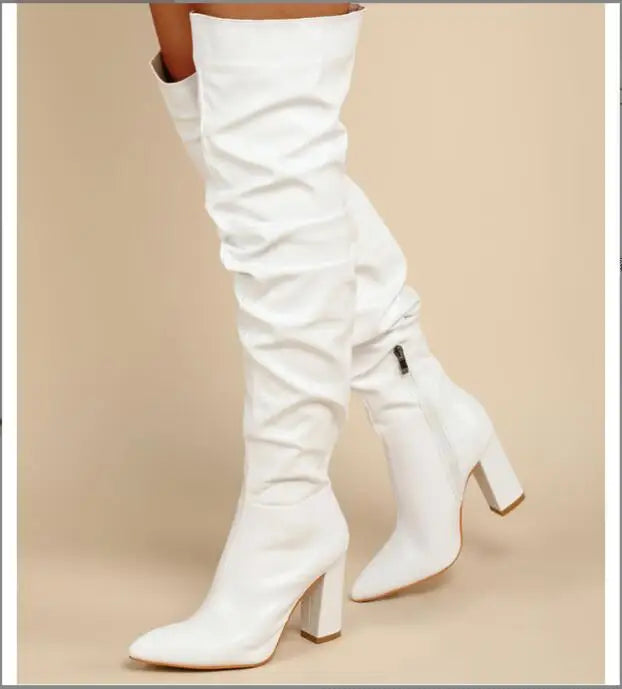 Sexy High Quality Pleated cowhide Leather Motorcycle Over The Knee Boots Women Fashion Pointed Toe Thigh High Lady Shoes Large