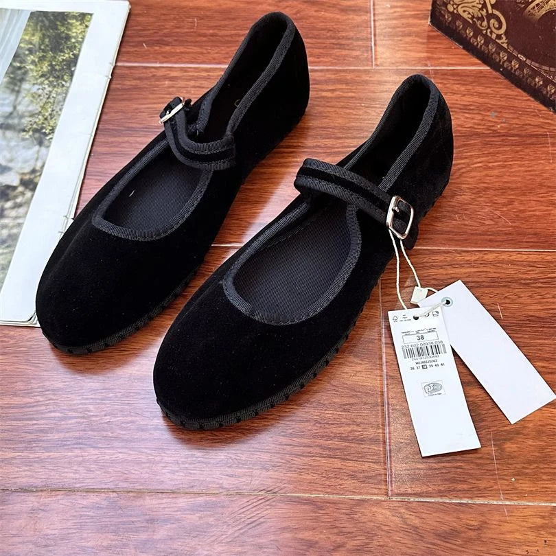 Elegant Mary Janes Flats Shoes Women Black Buckle Strap Shallow Casual Ballet Shoes Ladies Spring Autumn Canvas Loafers 2024