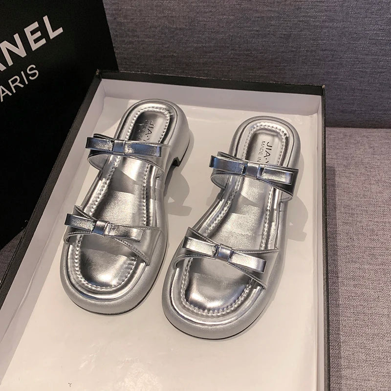 Summer Women Platform Slide Sandals Bow Decor Open Toe Non Slip Soft Sole Casual Shoes for Daily Outdoor Beach Vacation Wear