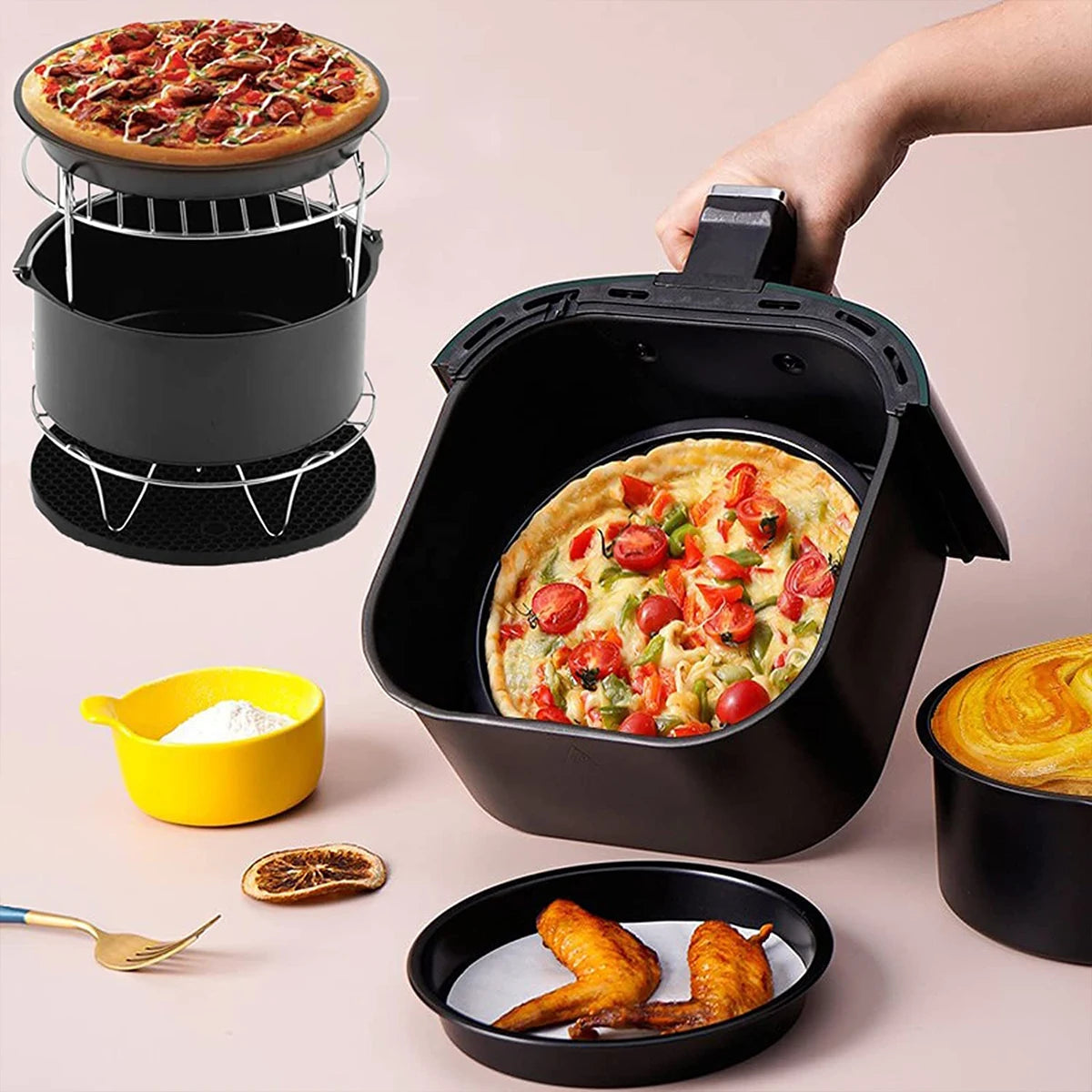 10Pc Air Fryer Accessories Set Food-grade Air Fryer Accessories with Cake Basket Pizza Pan Stainless Steel Skewer Rack Oil Brush