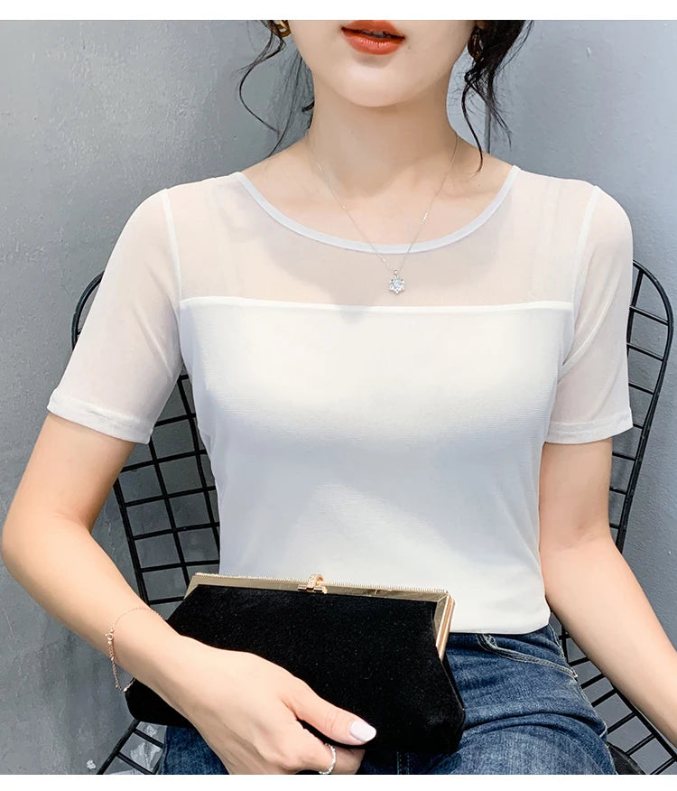 Summer New round Ne ort Sve Me Base irt Sexy Dance Inner Wear Slimming  Color Top Thin T-irt Casual Sle