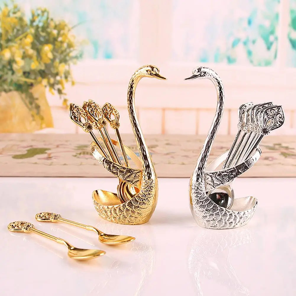 Stirring Spoon High Durability Cutlery Spoon Set Bright Color Swan Shaped Storage Holder Spoon Dinnerware Set Multipurpose