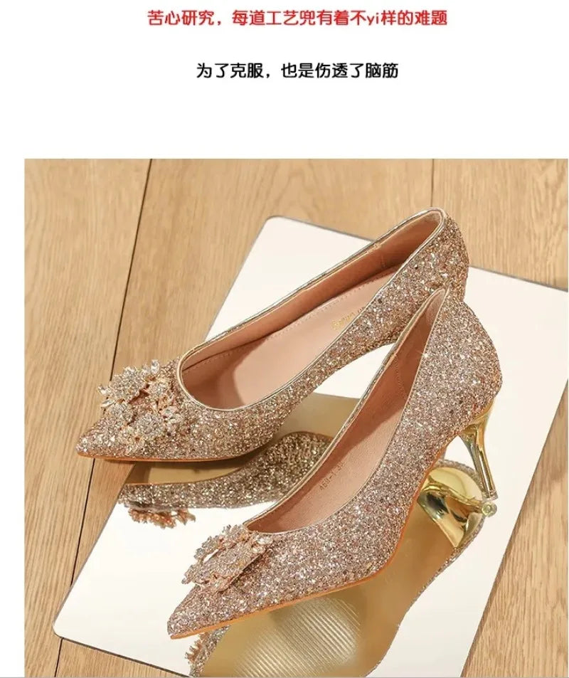 Womens High Heel Shoes Fad Elegant Crystal Pointed Toe Pumps Retro Shallow Mouth Banquet Party Wedding Women Shoes Zapatos Mujer