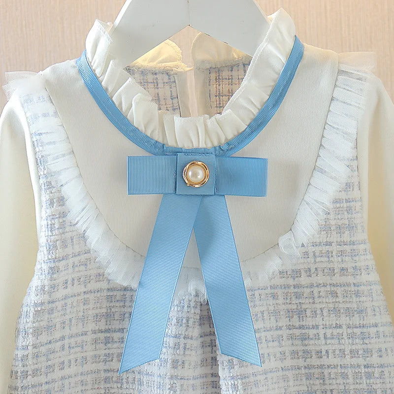 Girls Long Sleeve Skirt Cute Loose Dress Outer Wear Spring New Korean Style Clothing Kids Casual Fashion Round Neck Bow Skirt