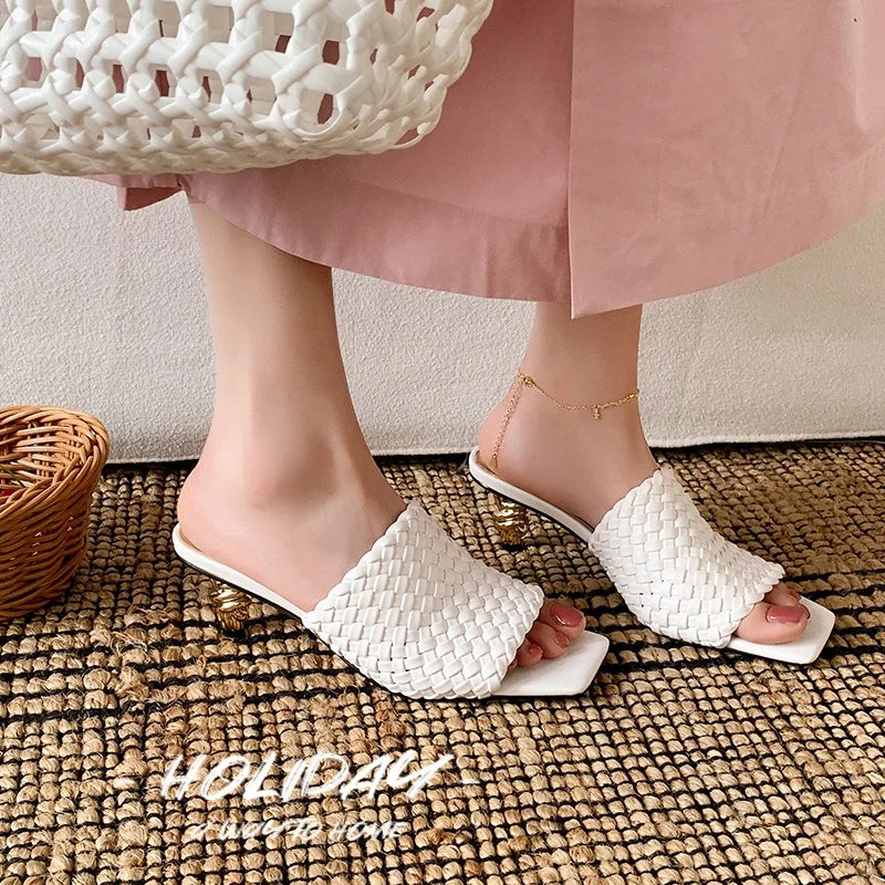 Summer Sandals Women Concise Style Slippers Weave Sandals for Girls Sexy Kitten Heel Elegant Dress Party Wedding  Sandalias