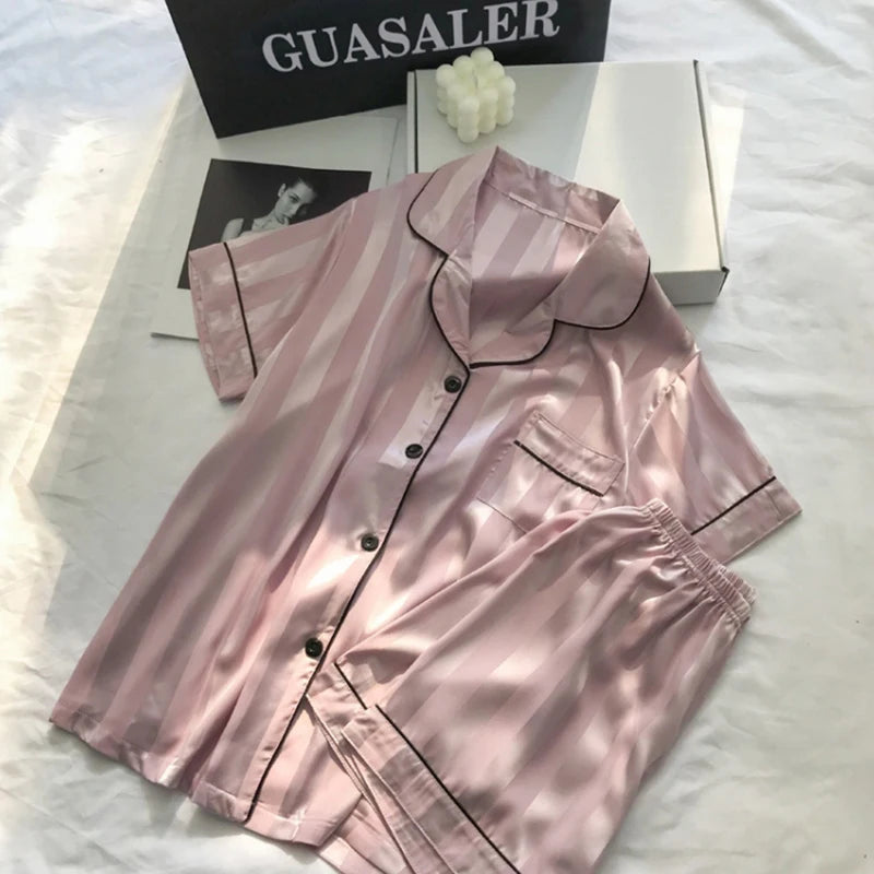 1 Set Women's Elegant Lounge Set, Plus Size Satin Striped Button Up Long Sleeve Shirt & Pants Pajamas